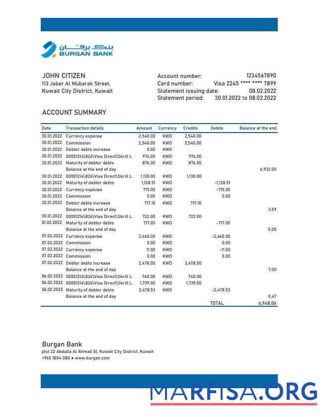 Printable Kuwait Burgan bank statement excel example